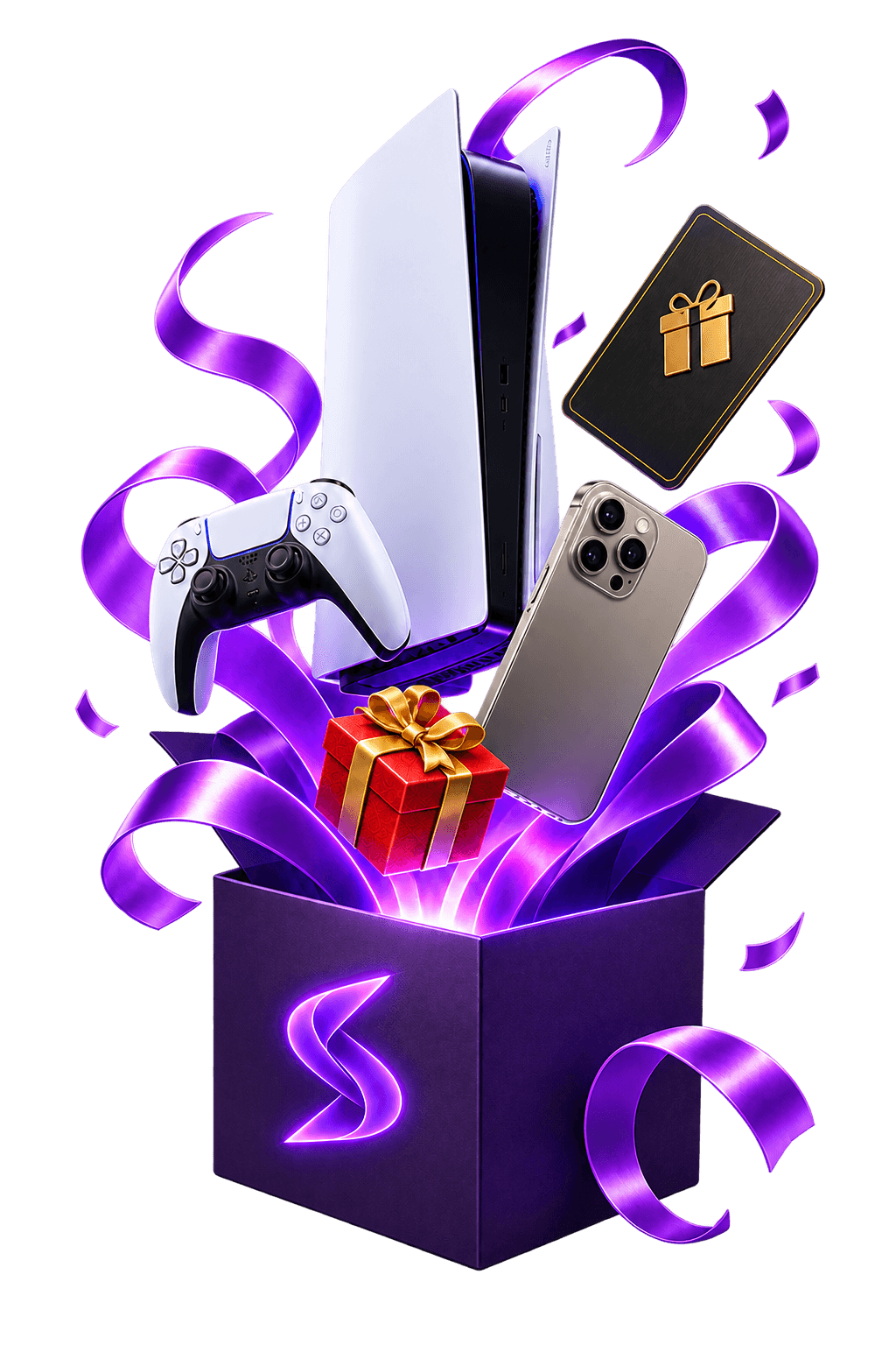 Console, manette, téléphone, carte cadeau et paquet émergeant d’une boîte Skkup violette